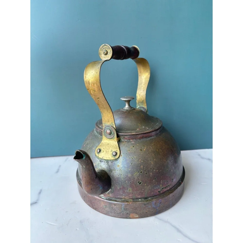 Vintage Copper Tea Kettle Vintage Brass Handle Wood Grip Primitive Rustic Decor